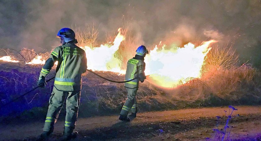 Zdjęcie akcji strażaków z Rudy Malenieckiej, którzy w nocy gaszą płonące trawy