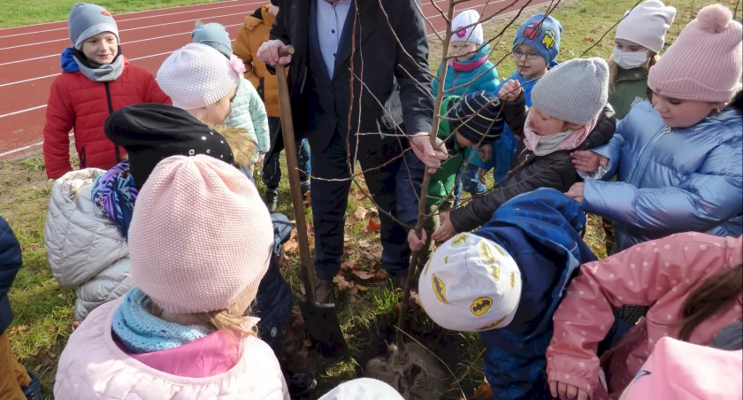 Zdjęcie dzieci z klas 0-III SP w Rudzie Malenieckiej podczas poprzedniej akcji nasadzeń