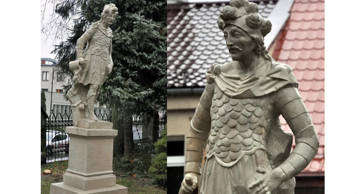 Zdjęcie odnowionej rzeźby św. Floriana stojącej przy kościele św. Mikołaja w Końskich
