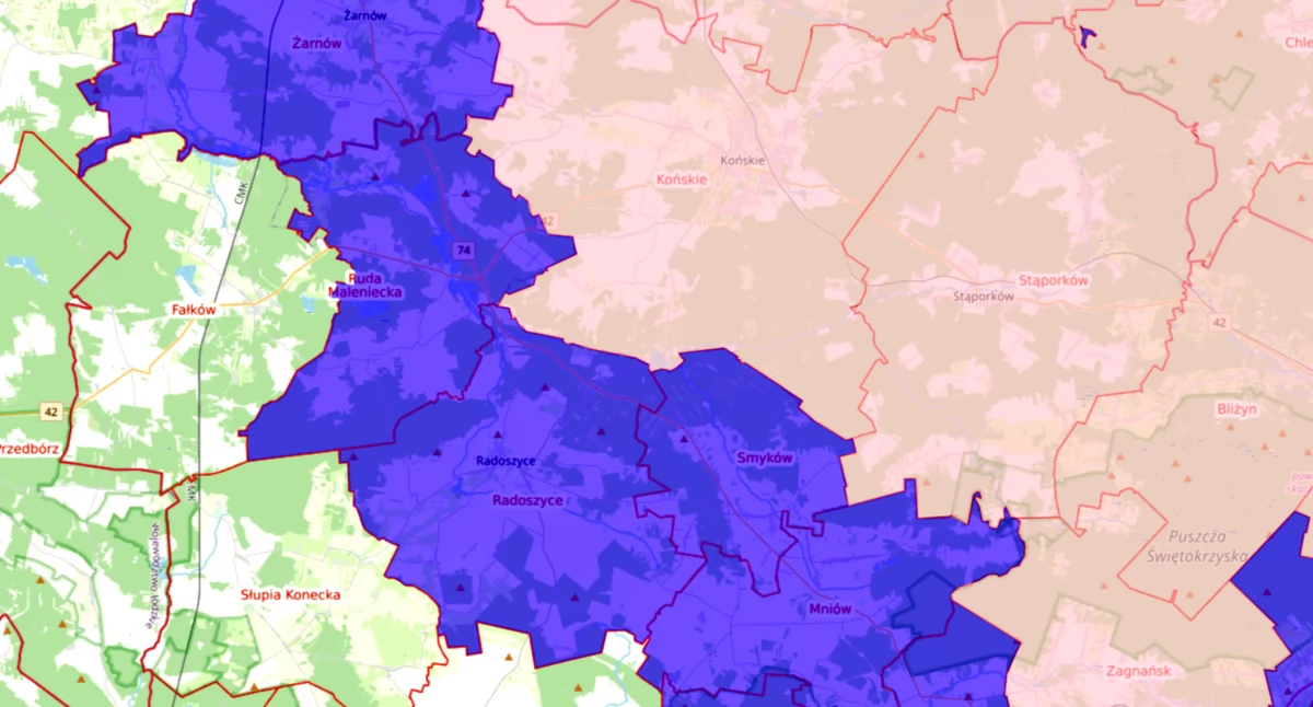 Zdjęcie mapy zagrożeń ASF w powiecie koneckim (​​​​​​​fot. gov.pl)