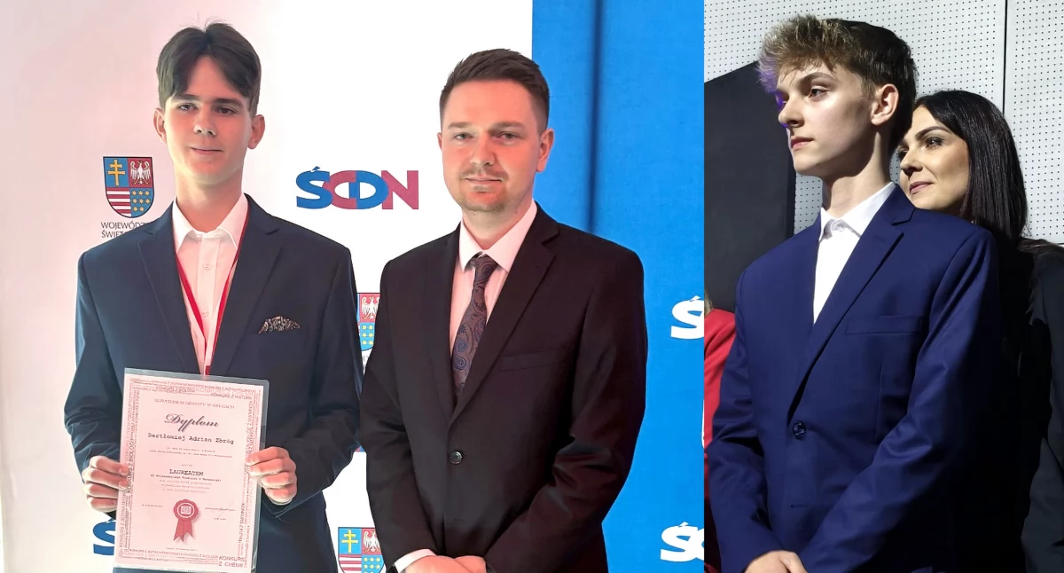 Zdjęcie laureatów konkursów przedmiotowych z SP w Wilczkowicach z nauczycielem Łukaszem Kowalczykiem