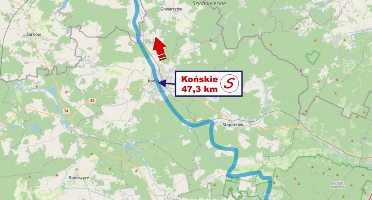 Zdjęcie mapki wyścigu - fragment etapu 5, który m.in. przebiega przez gminy Stąporków i Końskie