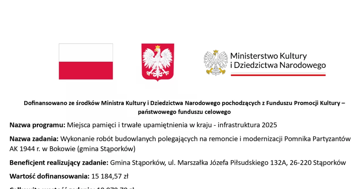 Finanse,  Remont modernizacja Pomnika Partyzantów Bokowie - zdjęcie, fotografia