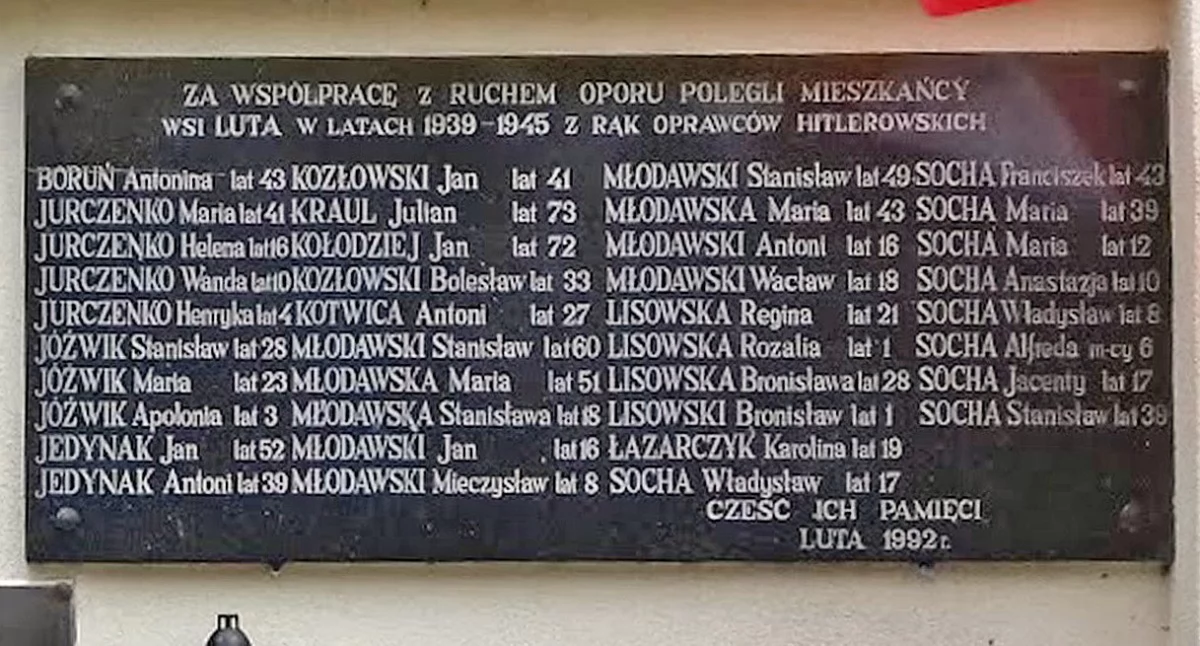 Zdjęcie tablicy upamiętniającej mieszkańców zamordowanych przez Niemców w 1943 roku