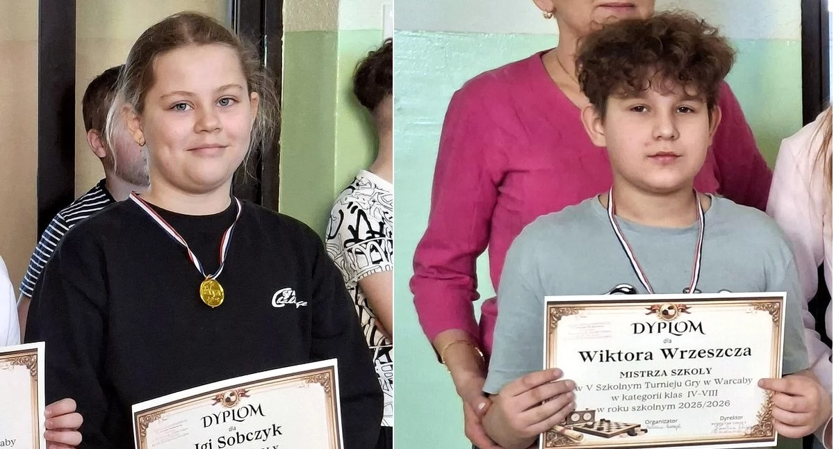 Zdjęcie Igi Sobczyk i Wiktora Wrzeszcza, mistrzów PSP w Czemnioe w warcabach