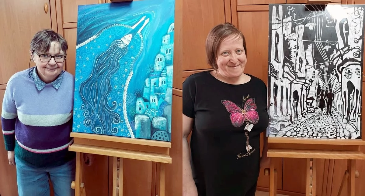 Zdjęcie Joanny Głażewskiej (z lewej) i Moniki Bieleckiej ze swoimi dziełami. Fot. PŚDS w Stąporkowie